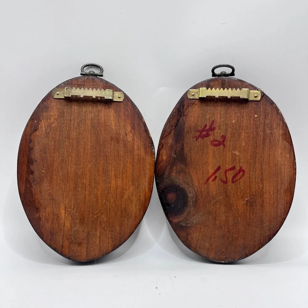 Vintage Hand Painted Wood Plaques Set Boy Girl Kitsch Wall Decor Oval 5in